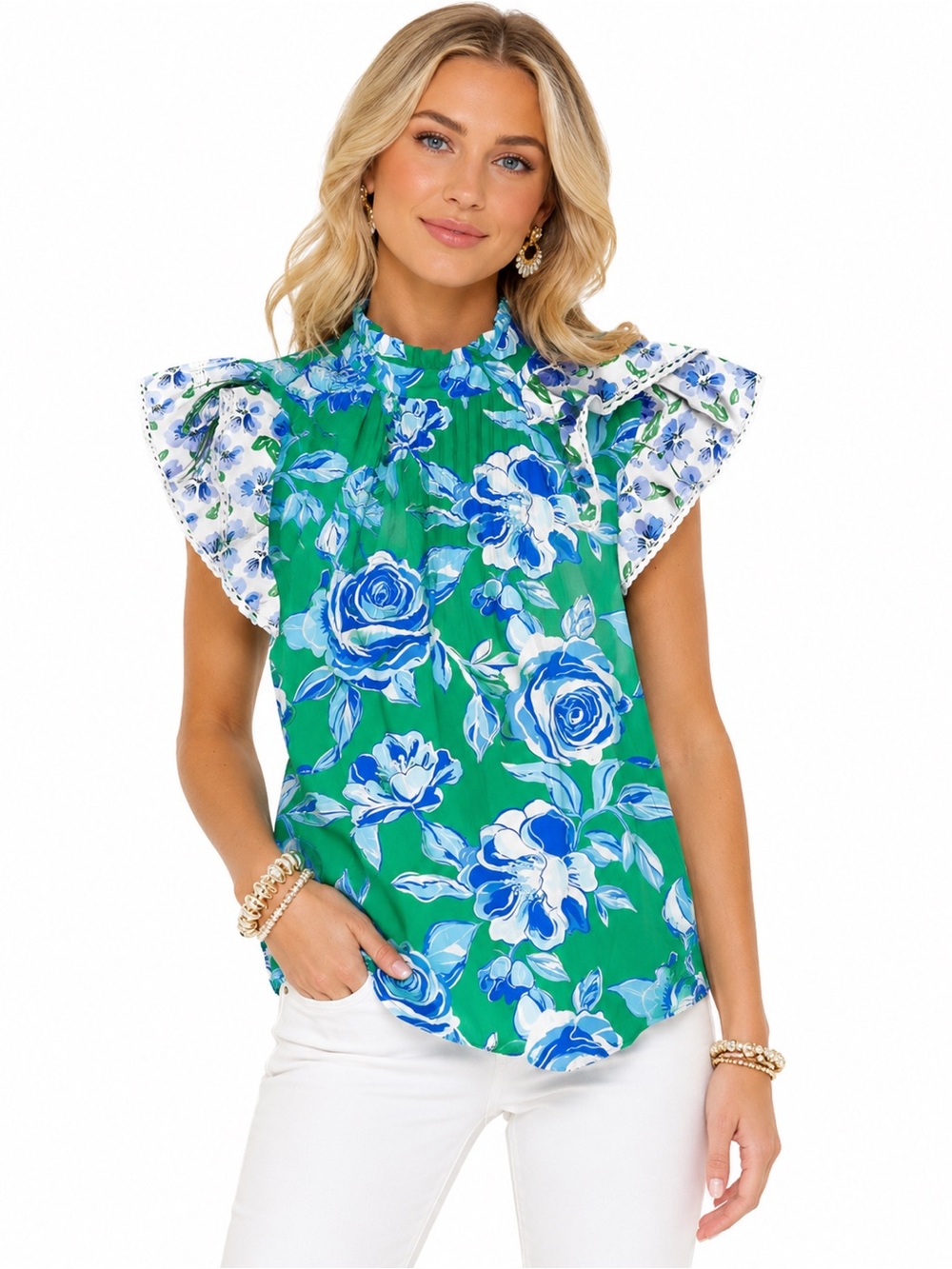 Mid Boutique Size Medium Green Floral Ruffle Sleeve Blouse - Blue & White